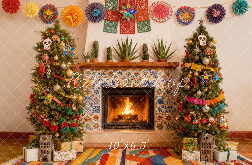 Kate Christmas Colourful Fireplace Trees Fleece Backdrop Designed by Emetselch - Image 2
