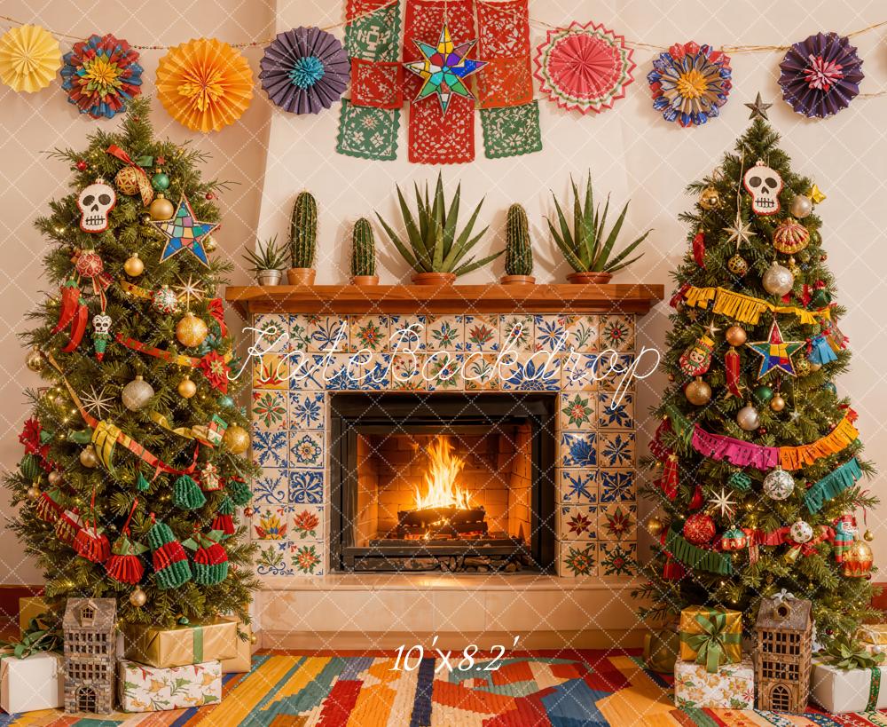 Kate Christmas Colourful Fireplace Trees Fleece Backdrop Designed by Emetselch - Image 3