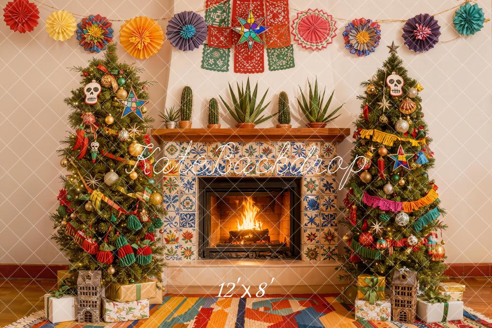 Kate Christmas Colourful Fireplace Trees Fleece Backdrop Designed by Emetselch - Image 4