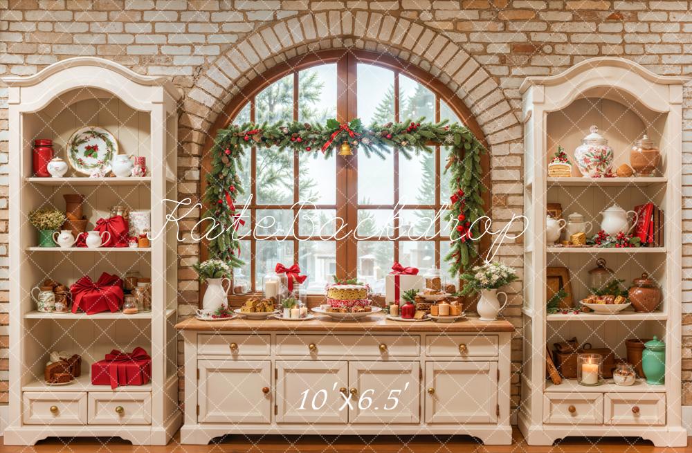 Kate Christmas Kitchen Cream Vintage Brick Backdrop Designed by Emetselch - Image 4