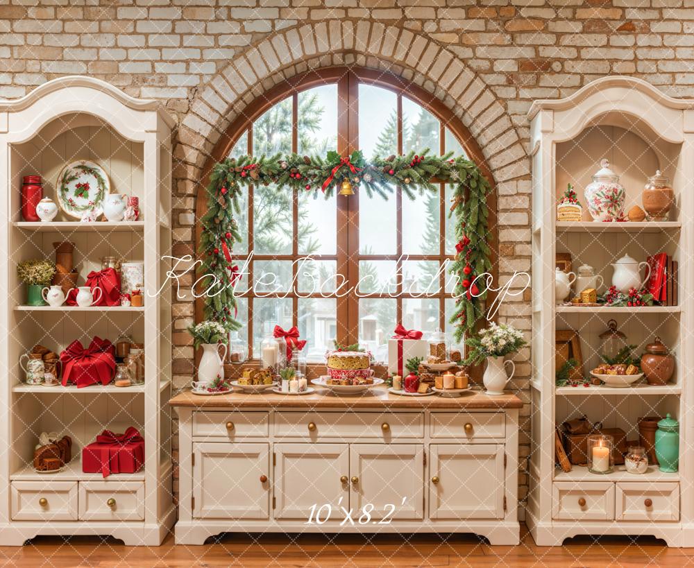 Kate Christmas Kitchen Cream Vintage Brick Backdrop Designed by Emetselch - Image 5