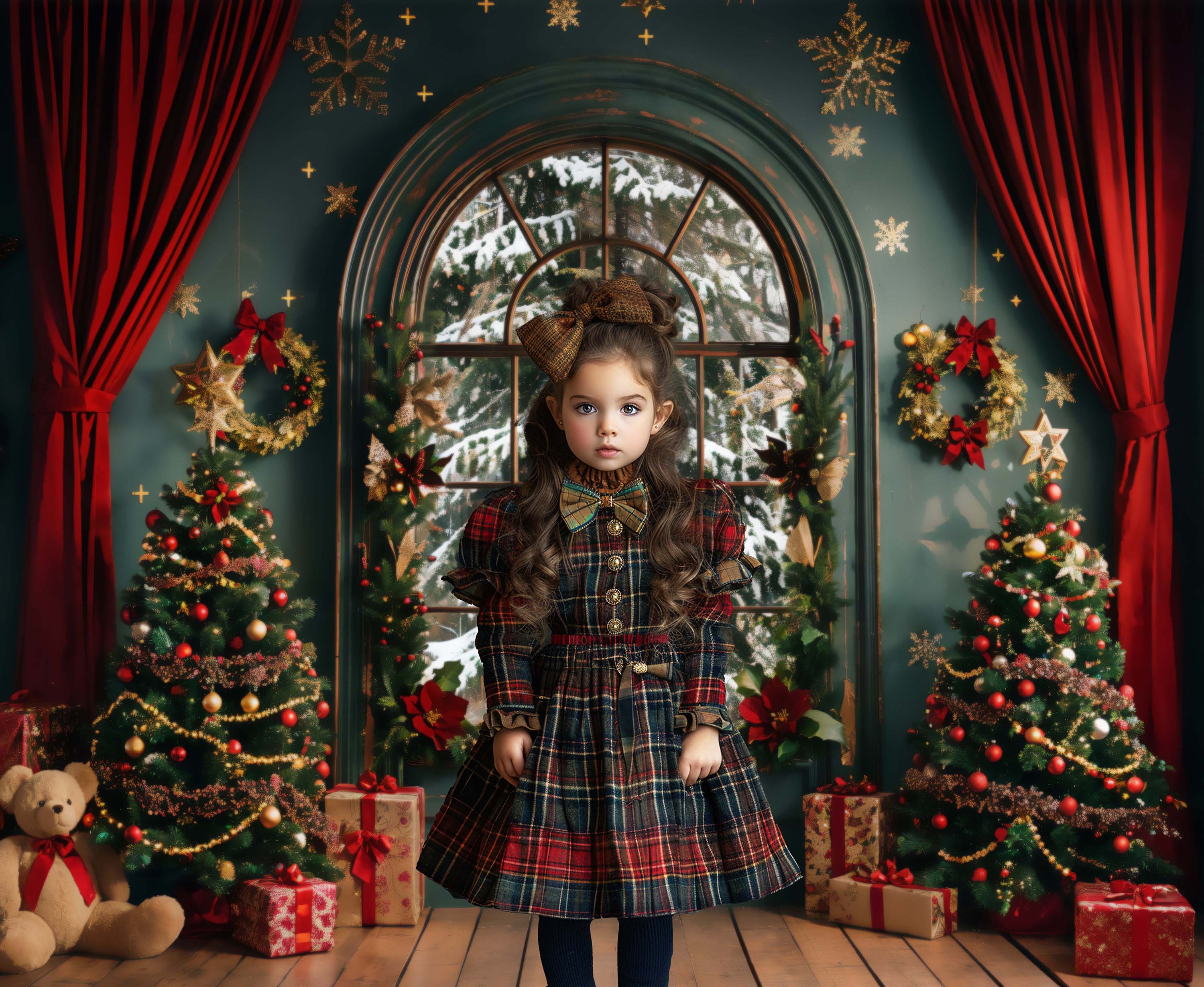Kate Christmas Dark Green Arch Window Backdrop Designed by Emetselch - Image 3