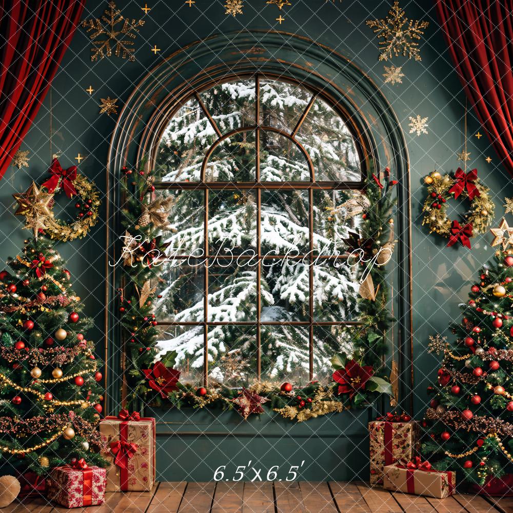 Kate Christmas Dark Green Arch Window Backdrop Designed by Emetselch - Image 4