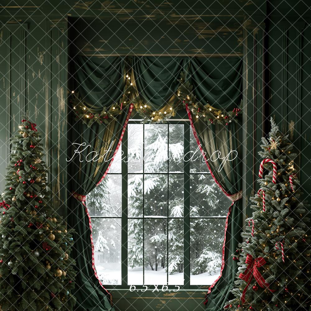 Kate Christmas Dark Green Curtain Window Retro Wall Backdrop Designed by Emetselch - Image 2