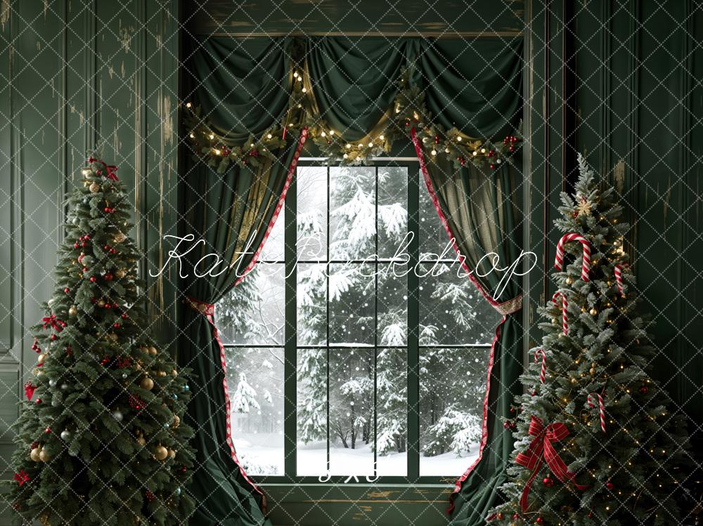 Kate Christmas Dark Green Curtain Window Retro Wall Backdrop Designed by Emetselch - Image 3
