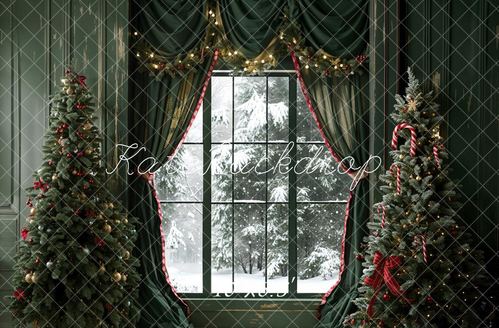 Kate Christmas Dark Green Curtain Window Retro Wall Backdrop Designed by Emetselch - Image 4