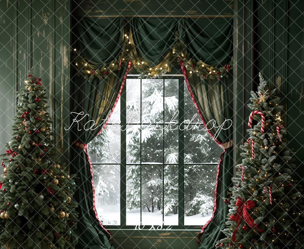 Kate Christmas Dark Green Curtain Window Retro Wall Backdrop Designed by Emetselch - Image 5