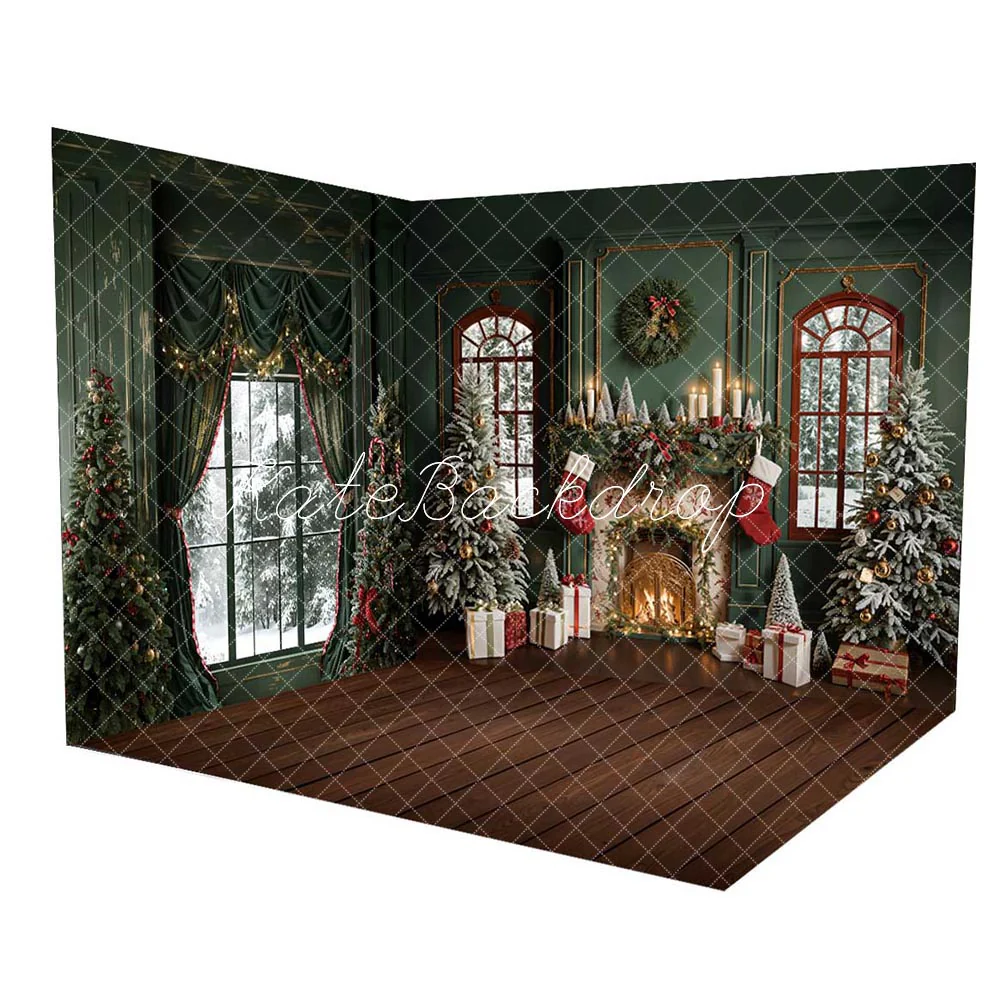 Kate Christmas Dark Green Curtain Window Retro Wall Room Set - Image 2