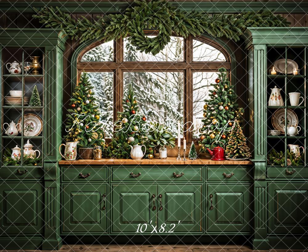 Kate Dark Green Retro Christmas Kitchen Backdrop Designed by Emetselch - Image 4