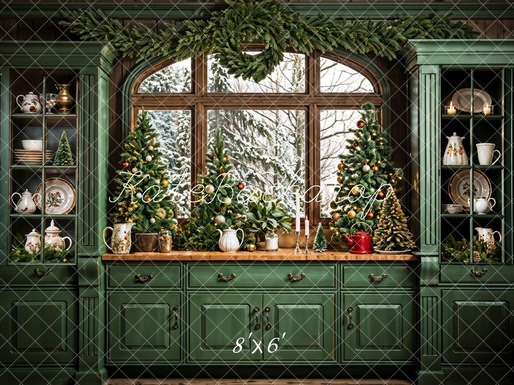 Kate Dark Green Retro Christmas Kitchen Backdrop Designed by Emetselch - Image 5