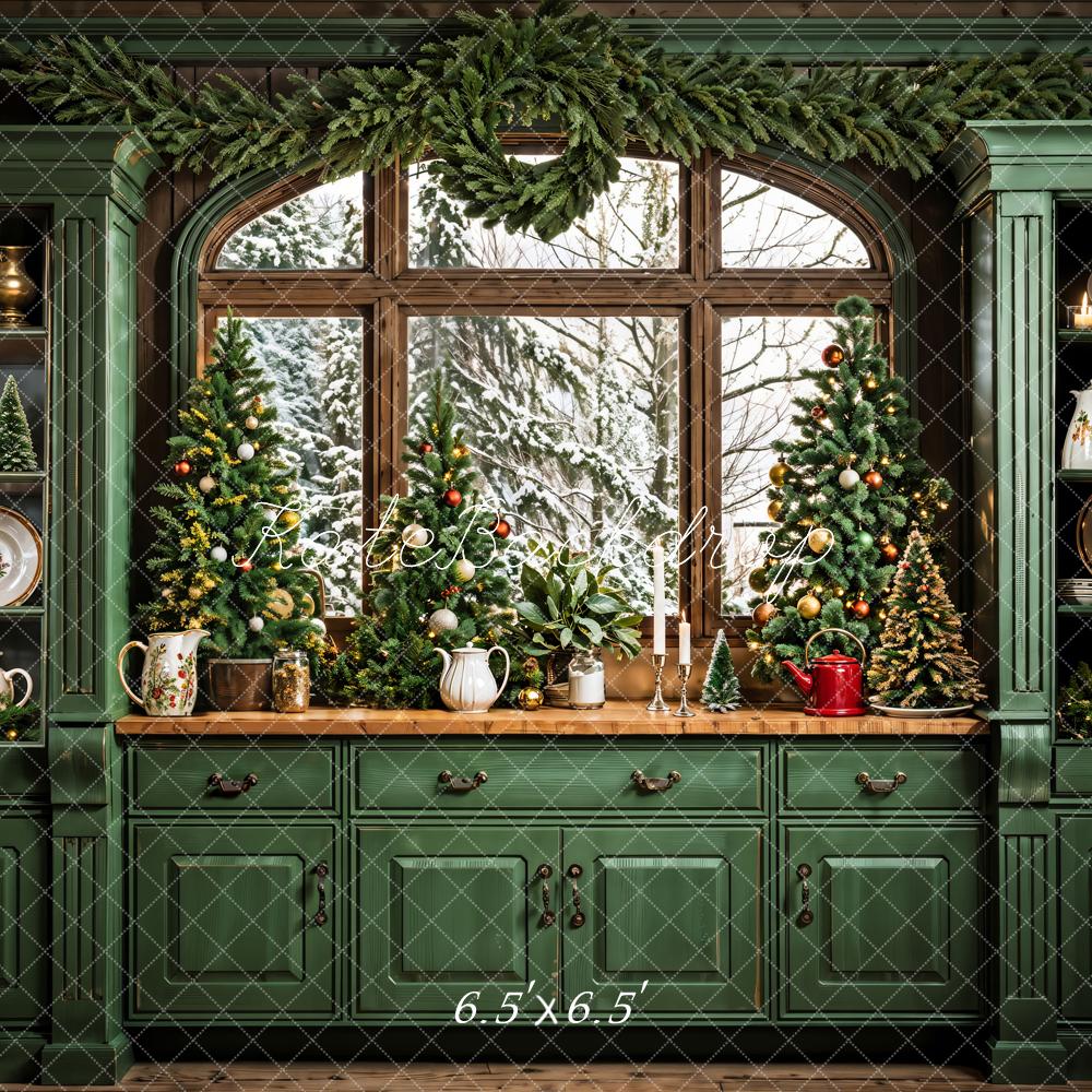 Kate Dark Green Retro Christmas Kitchen Backdrop Designed by Emetselch - Image 6