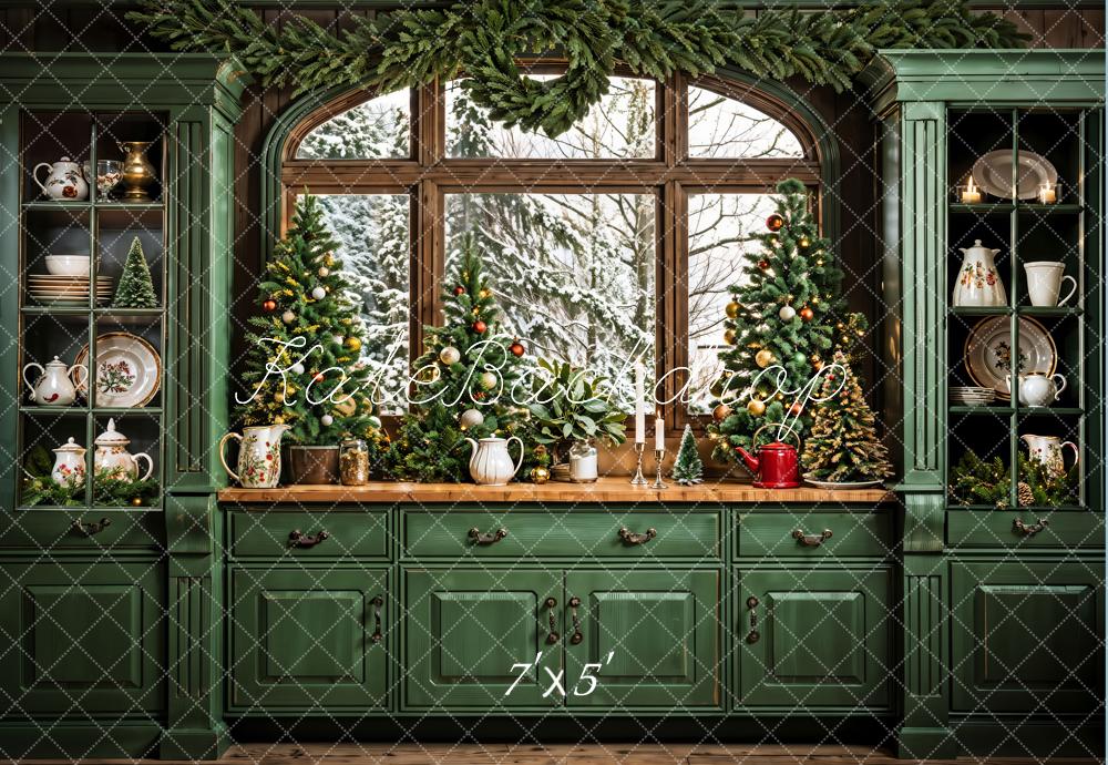 Kate Dark Green Retro Christmas Kitchen Backdrop Designed by Emetselch - Image 7