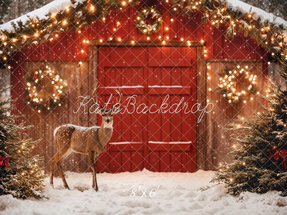 Kate Christmas Deer Red Barn Backdrop Designed by Emetselch - Image 3