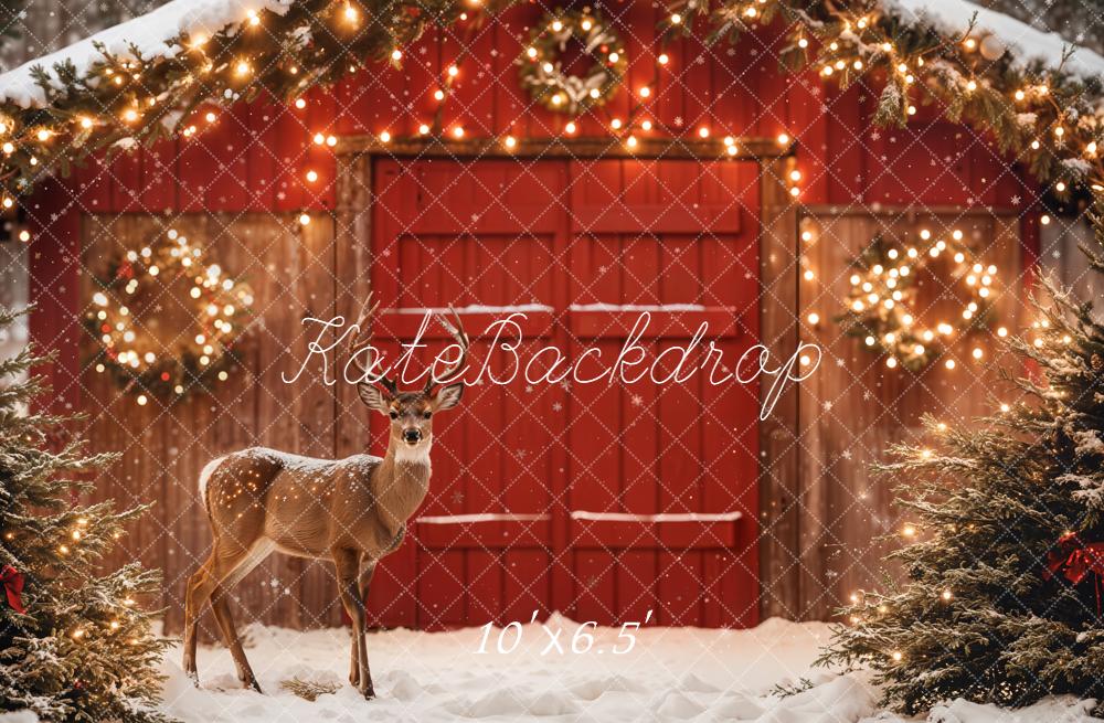 Kate Christmas Deer Red Barn Backdrop Designed by Emetselch - Image 4