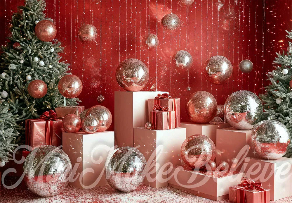 Kate Christmas Disco Silver Ball Red Wall Backdrop Designed by Mini MakeBelieve - Image 2