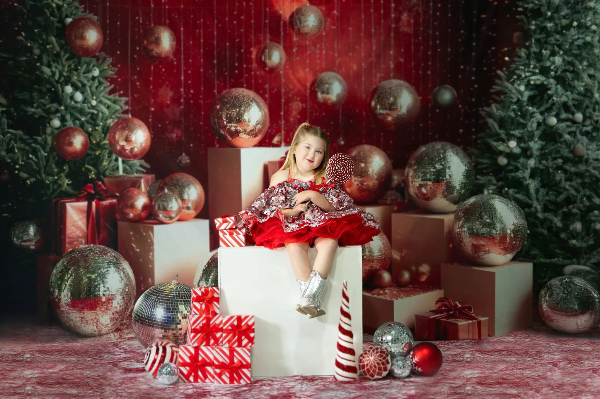 Kate Christmas Disco Silver Ball Red Wall Backdrop Designed by Mini MakeBelieve - Image 3