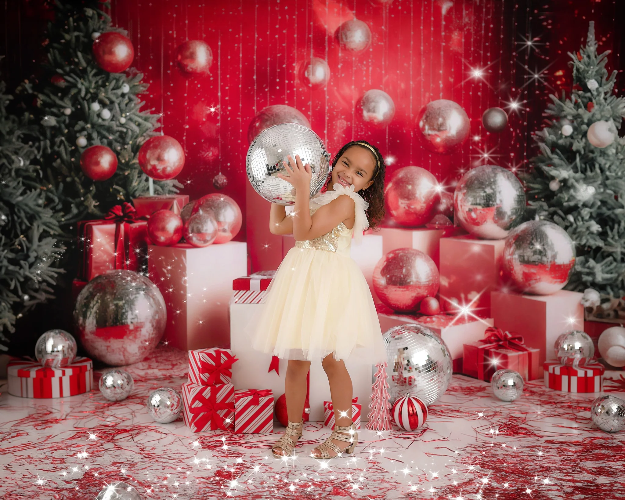 Kate Christmas Disco Silver Ball Red Wall Backdrop Designed by Mini MakeBelieve - Image 6