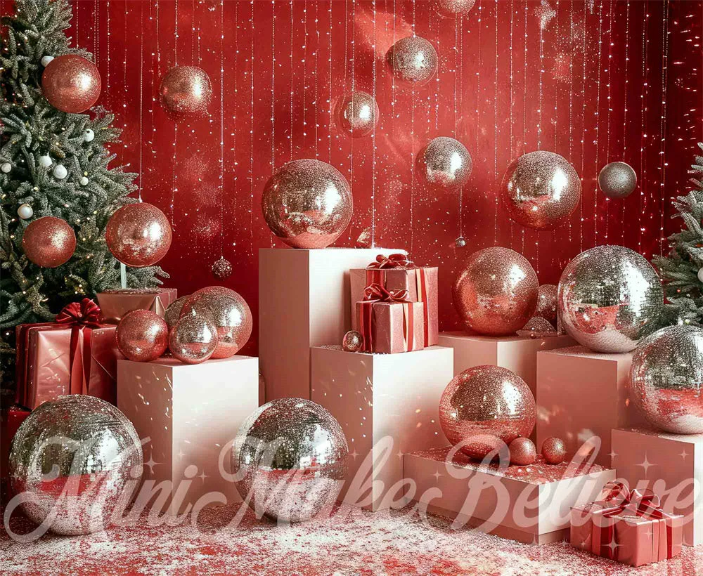 Kate Christmas Disco Silver Ball Red Wall Backdrop Designed by Mini MakeBelieve - Image 9