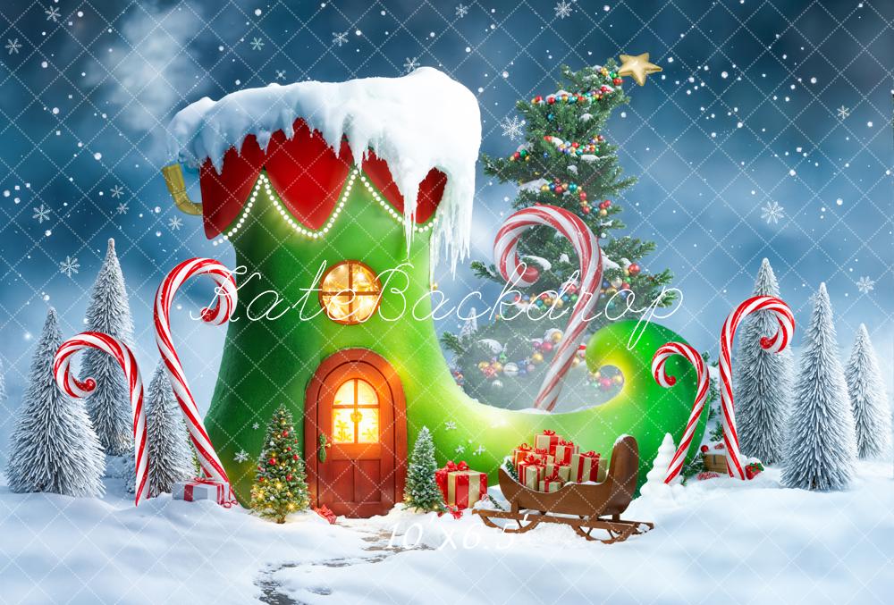 Kate Christmas Elf Shoe Tree Candy Canes Fleece Backdrop Designed by Emetselch - Image 2