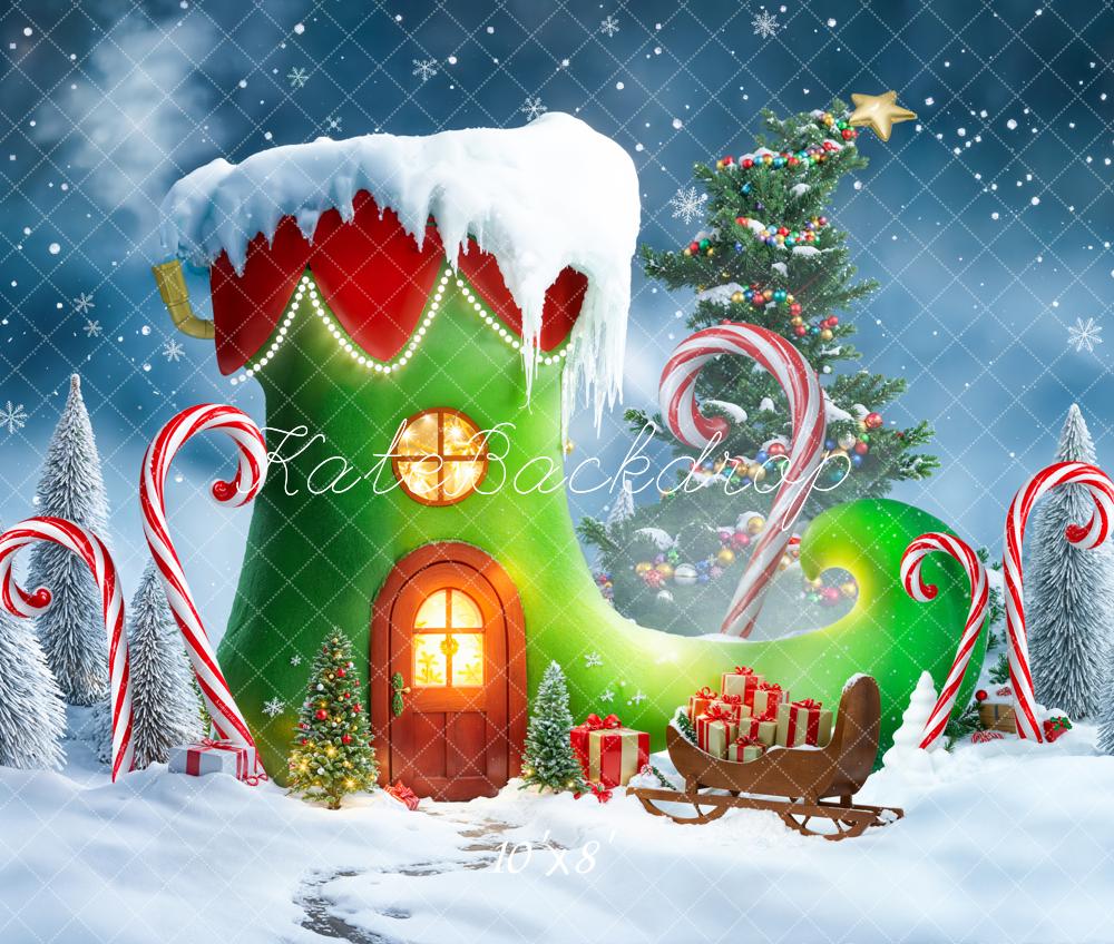 Kate Christmas Elf Shoe Tree Candy Canes Fleece Backdrop Designed by Emetselch - Image 3