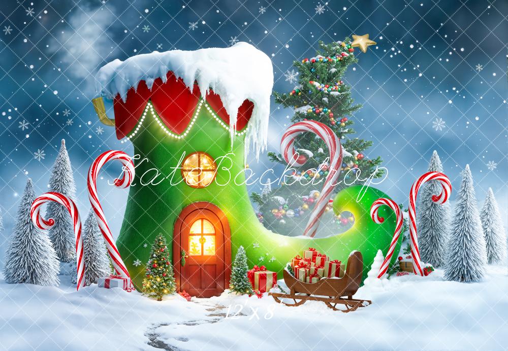 Kate Christmas Elf Shoe Tree Candy Canes Fleece Backdrop Designed by Emetselch - Image 4