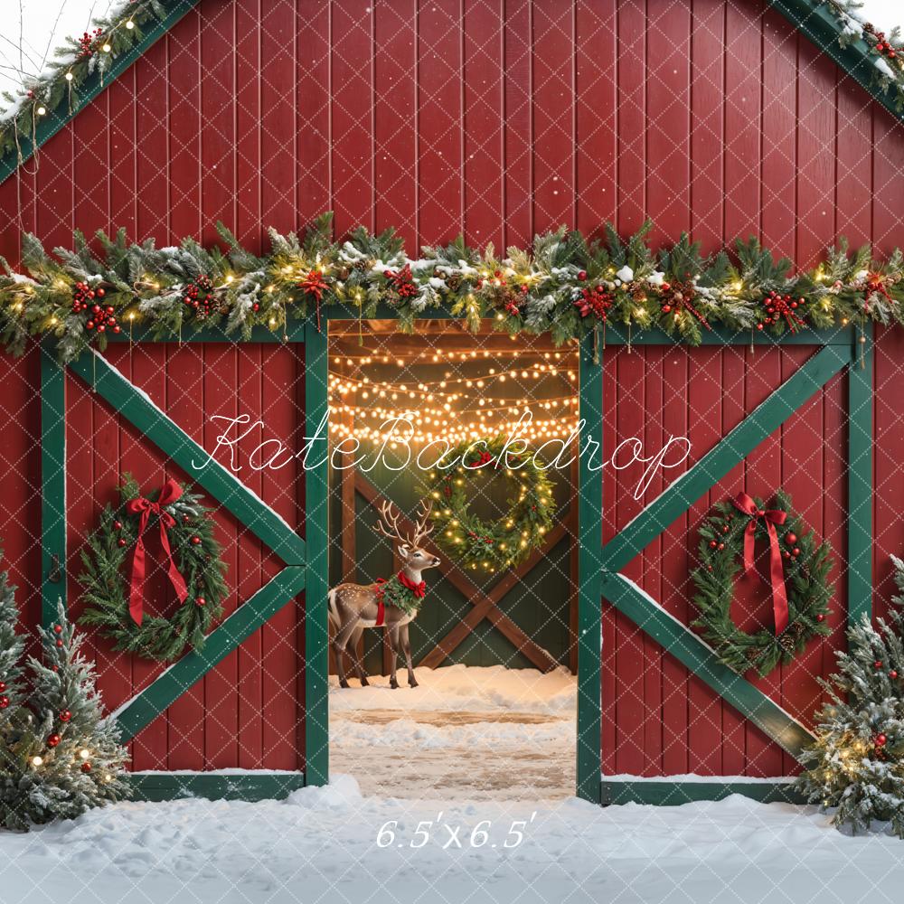 Kate Christmas Elk Red Barn Door Winter Backdrop Designed by Emetselch - Image 2