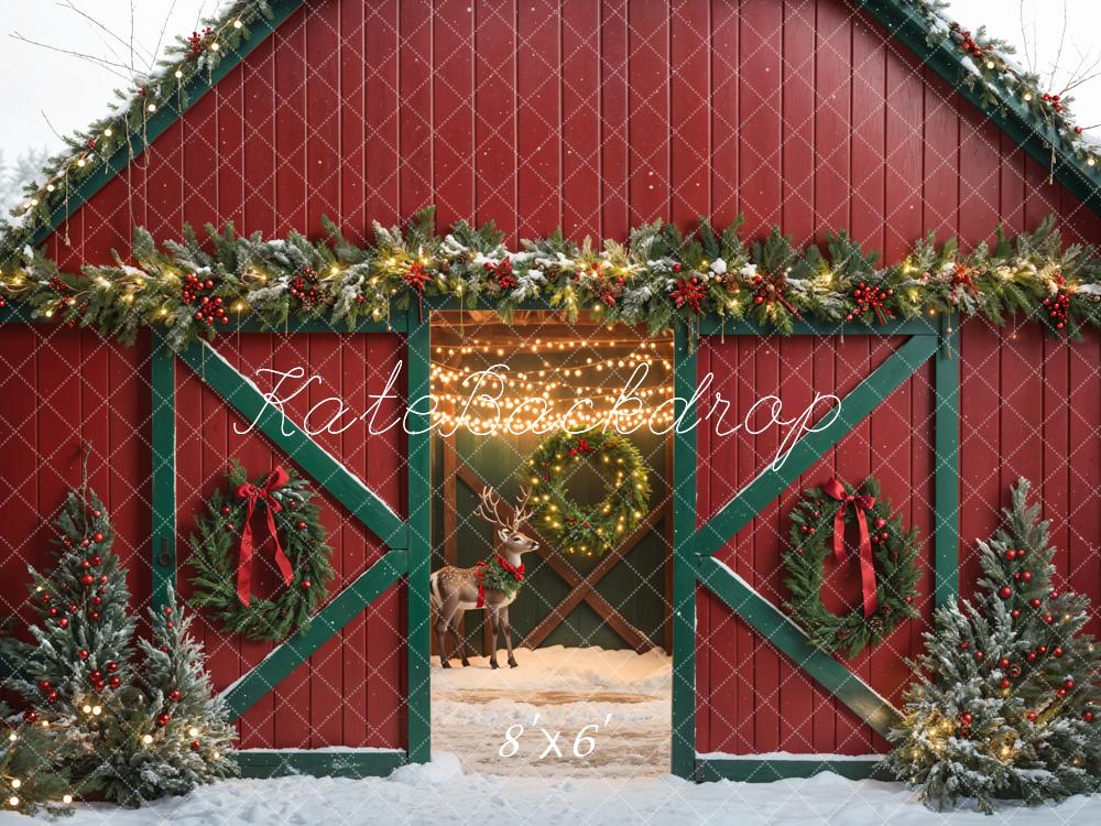Kate Christmas Elk Red Barn Door Winter Backdrop Designed by Emetselch - Image 3
