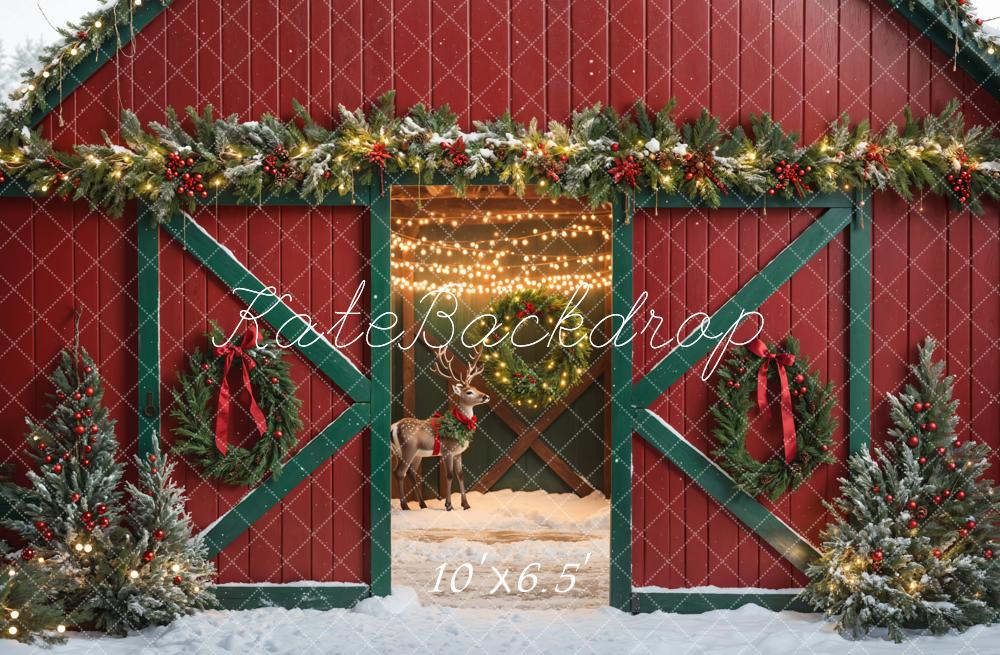 Kate Christmas Elk Red Barn Door Winter Backdrop Designed by Emetselch - Image 4