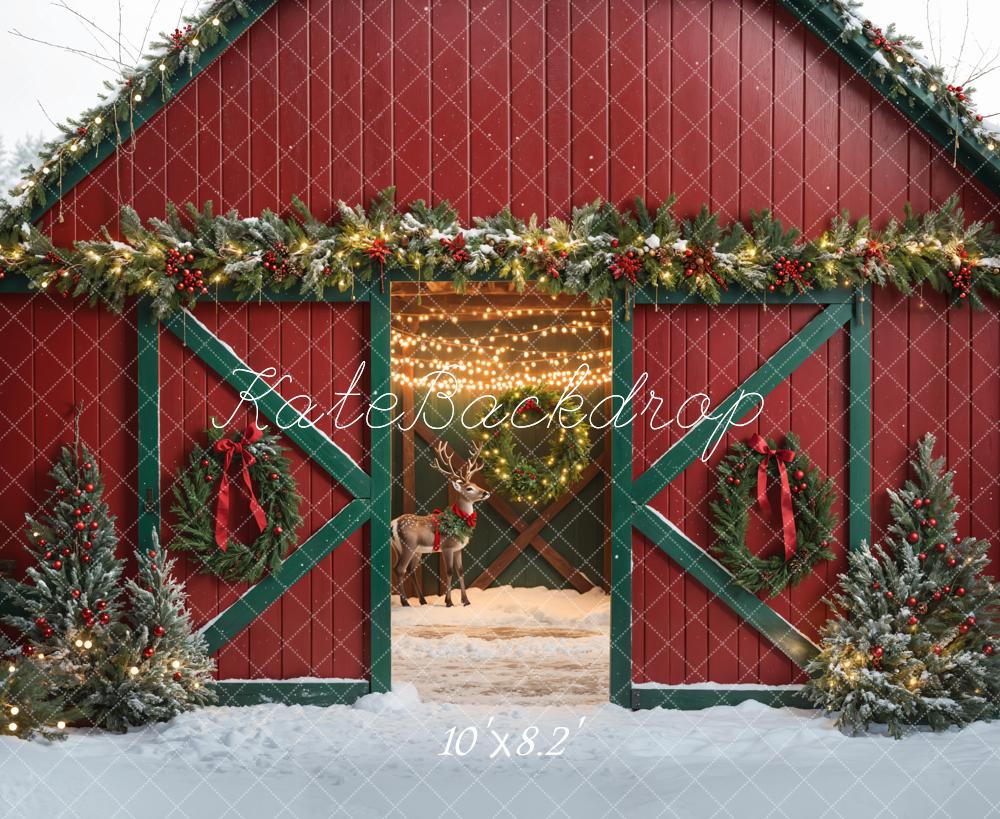Kate Christmas Elk Red Barn Door Winter Backdrop Designed by Emetselch - Image 5