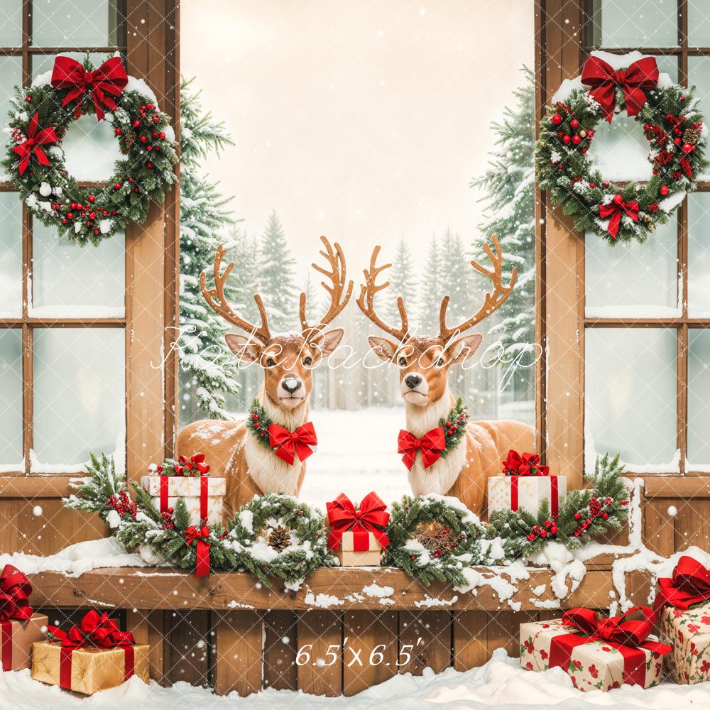 Kate Christmas Elk Wooden Door Snow Backdrop Designed by Emetselch - Image 2
