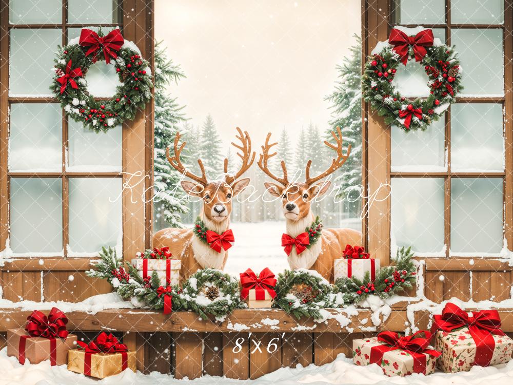 Kate Christmas Elk Wooden Door Snow Backdrop Designed by Emetselch - Image 3