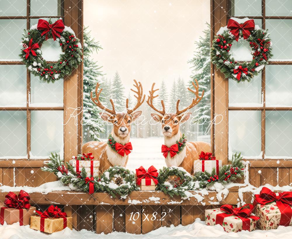 Kate Christmas Elk Wooden Door Snow Backdrop Designed by Emetselch - Image 5