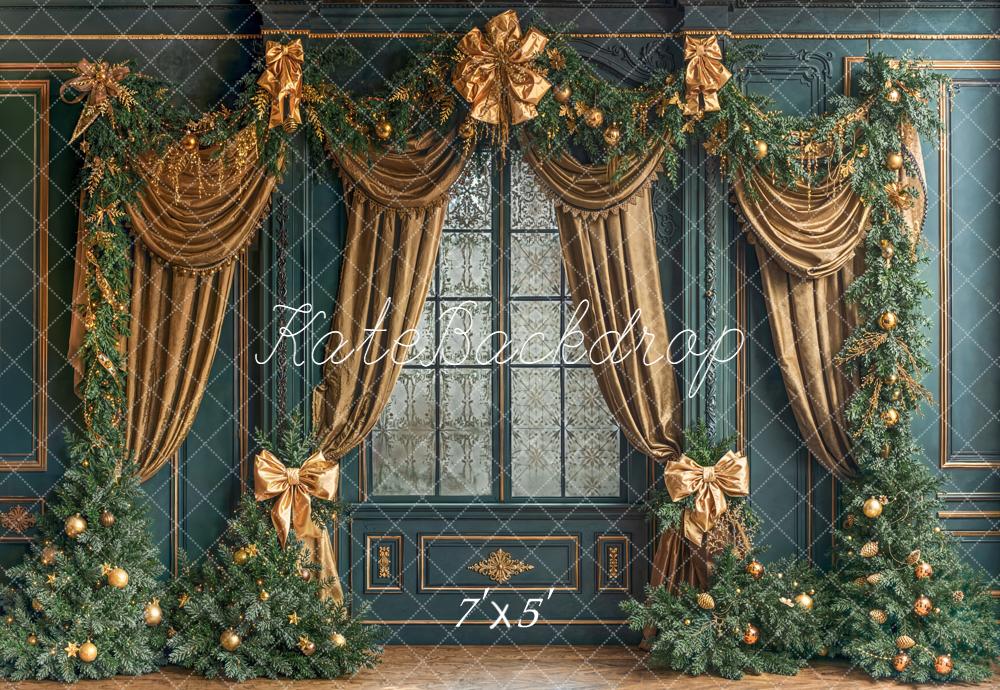 Kate Christmas Evergreen Trees Gold Drapes Backdrop Designed by Emetselch
