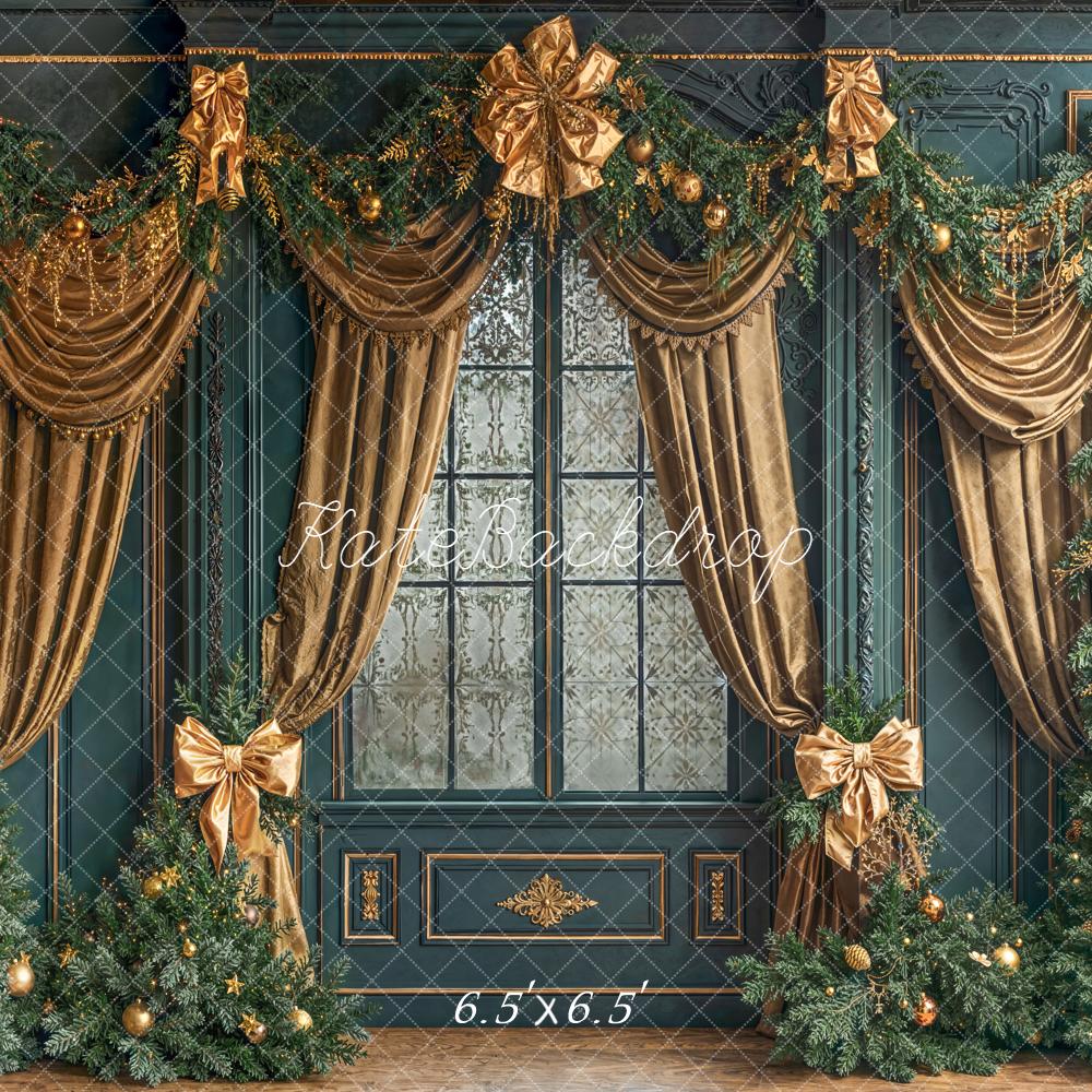 Kate Christmas Evergreen Trees Gold Drapes Backdrop Designed by Emetselch - Image 2