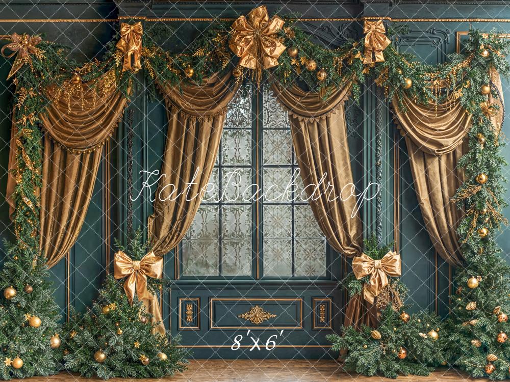 Kate Christmas Evergreen Trees Gold Drapes Backdrop Designed by Emetselch - Image 3