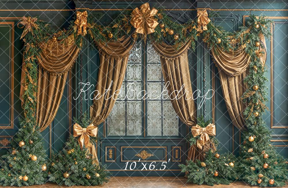 Kate Christmas Evergreen Trees Gold Drapes Backdrop Designed by Emetselch - Image 4