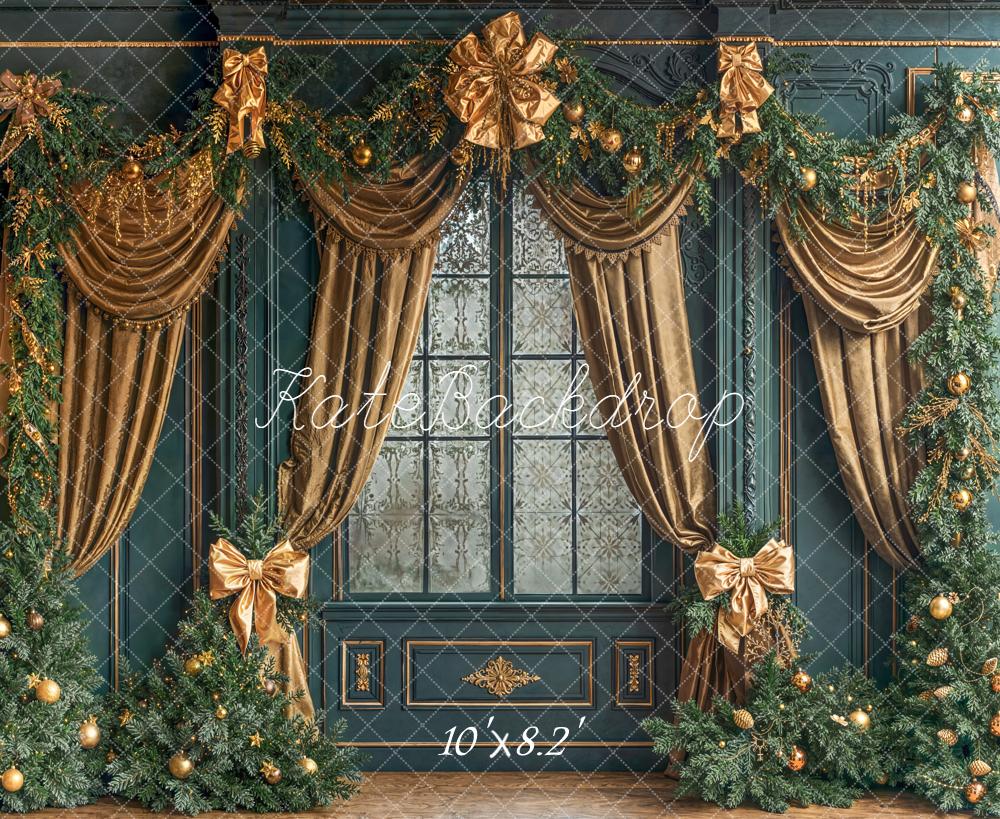 Kate Christmas Evergreen Trees Gold Drapes Backdrop Designed by Emetselch - Image 6