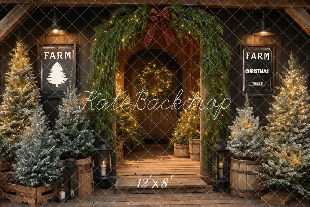 Kate Christmas Farmhouse Trees Entrance Fleece Backdrop Designed by Emetselch - Image 4
