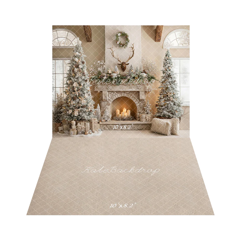 Kate Christmas Fireplace Antlers Trees Backdrop+Beige Abstract Texture Floor Backdrop - Image 2