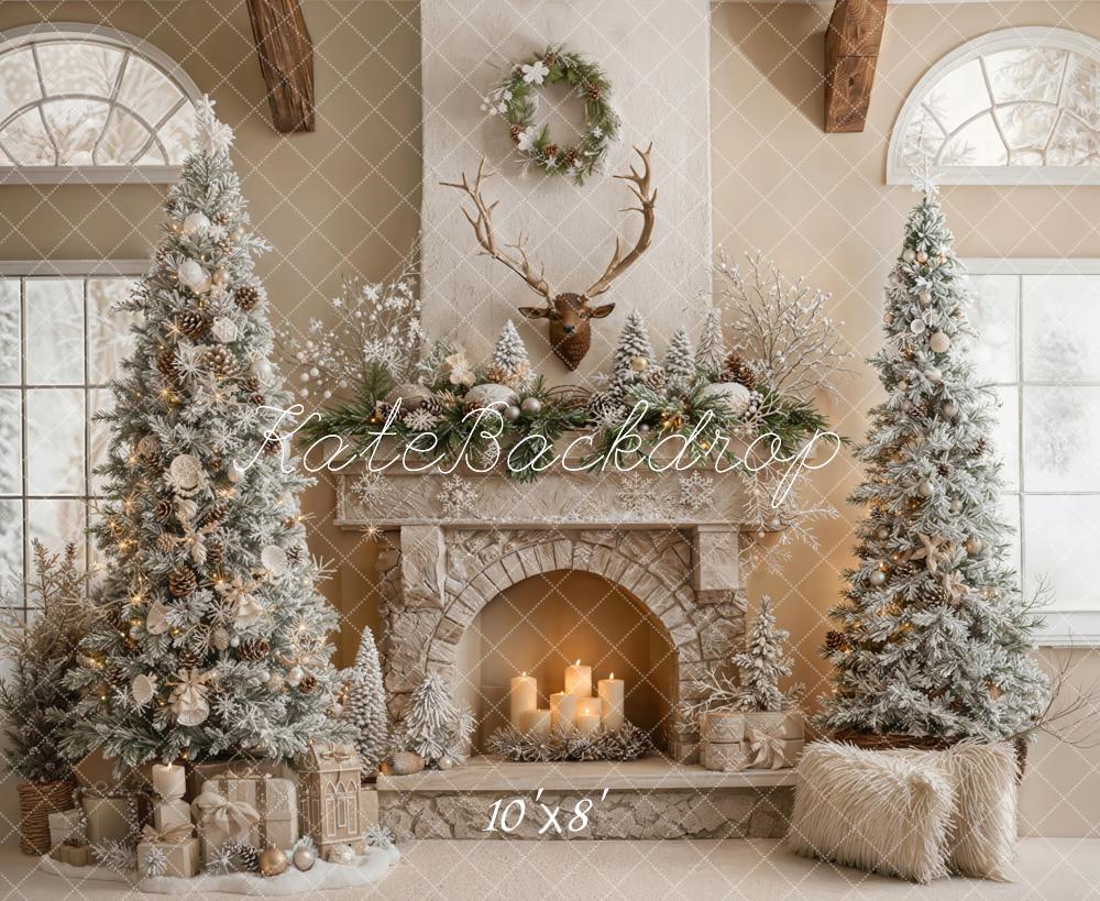 Kate Christmas Fireplace Antlers Trees Fleece Backdrop Designed by Emetselch - Image 3