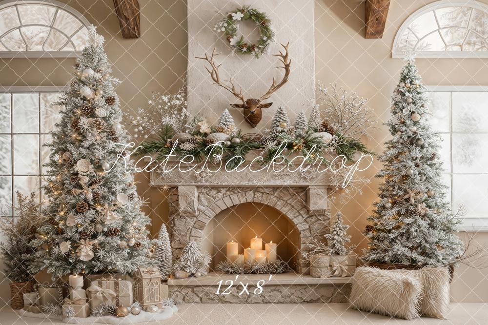 Kate Christmas Fireplace Antlers Trees Fleece Backdrop Designed by Emetselch - Image 4