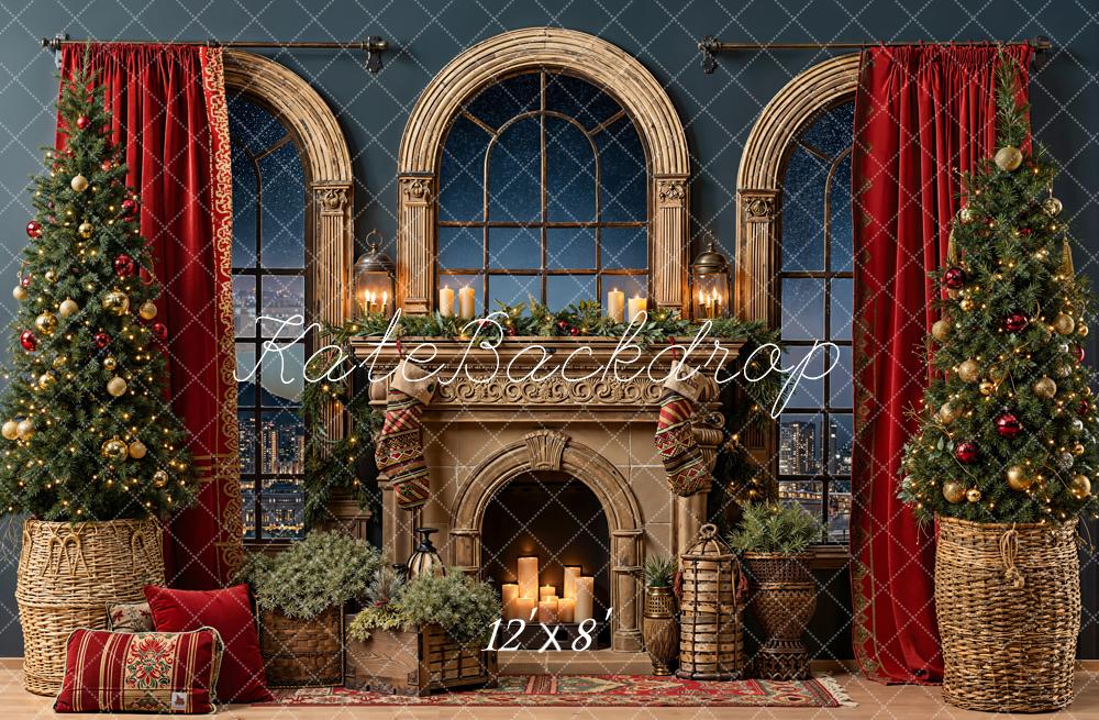 Kate Christmas Fireplace Arched Windows Trees Fleece Backdrop Designed by Emetselch - Image 4