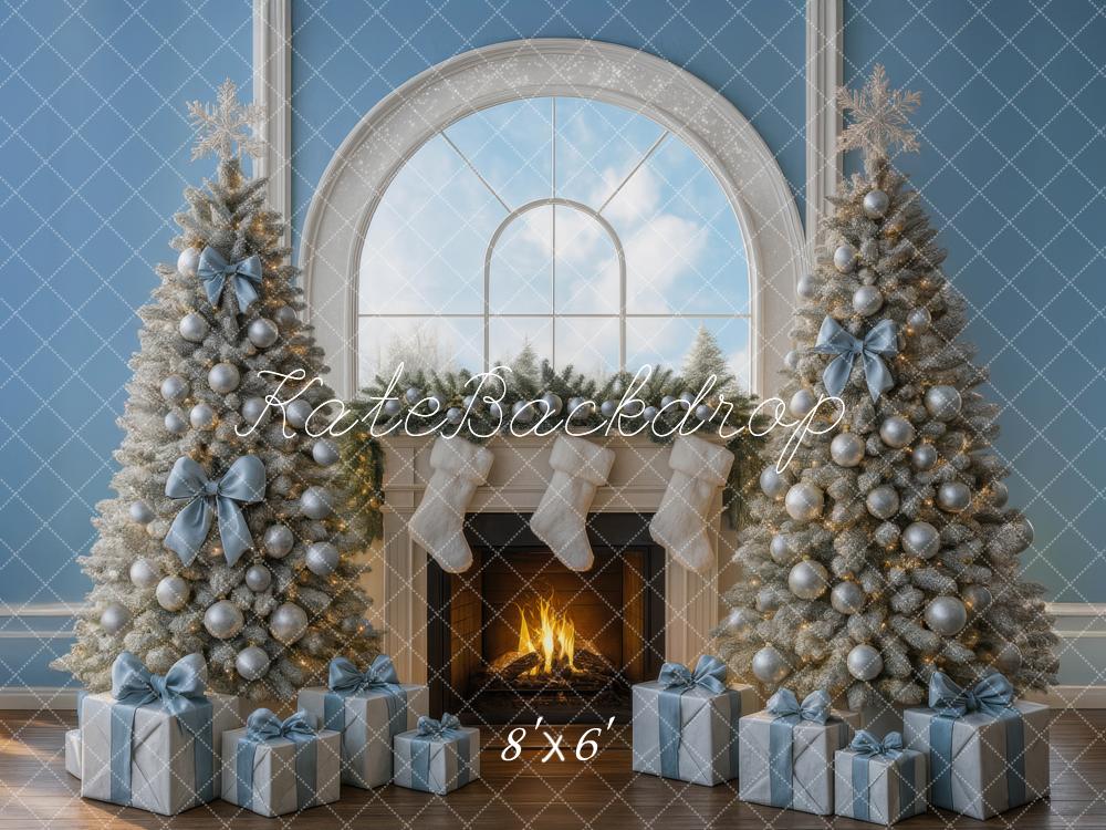 Kate Christmas Fireplace Blue Gift Boxes Trees Backdrop Designed by Mini MakeBelieve - Image 3