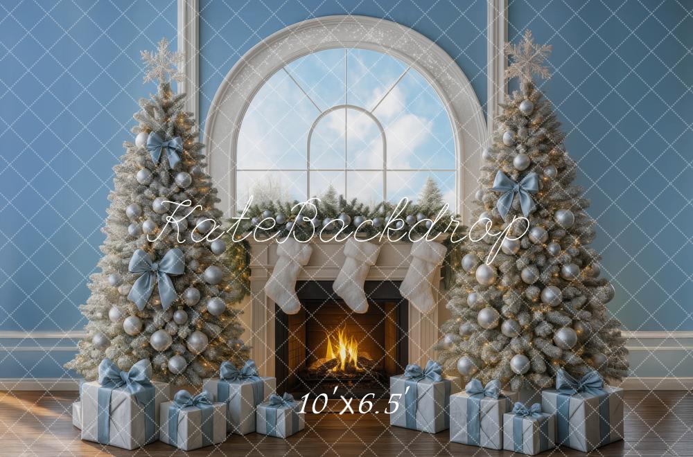 Kate Christmas Fireplace Blue Gift Boxes Trees Backdrop Designed by Mini MakeBelieve - Image 4