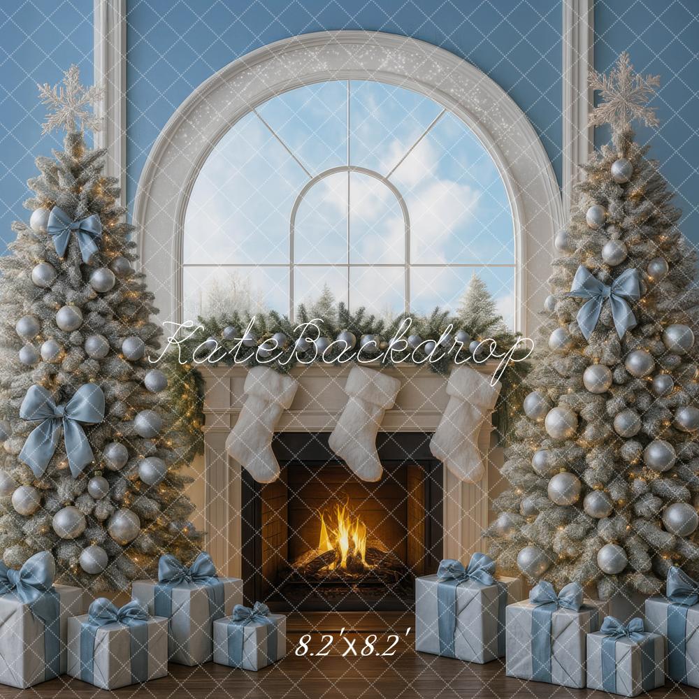 Kate Christmas Fireplace Blue Gift Boxes Trees Backdrop Designed by Mini MakeBelieve - Image 5