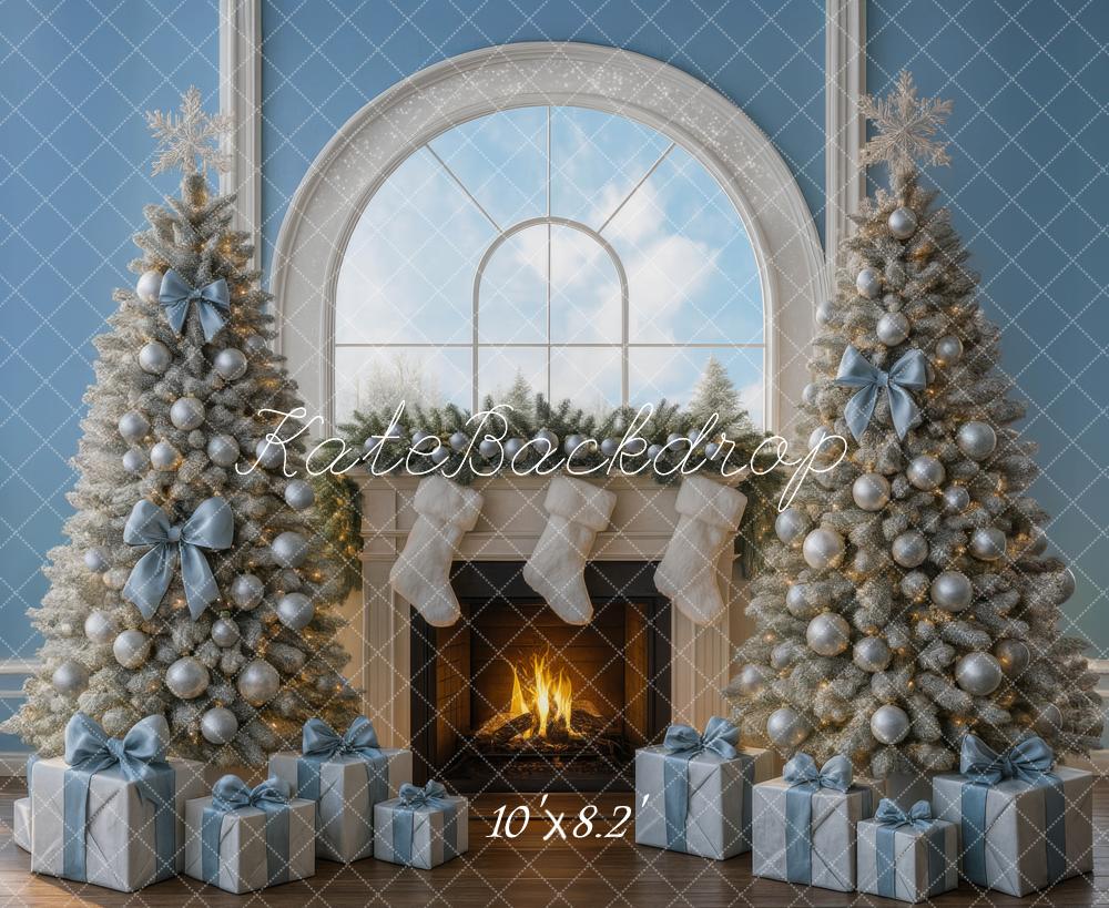 Kate Christmas Fireplace Blue Gift Boxes Trees Backdrop Designed by Mini MakeBelieve - Image 6
