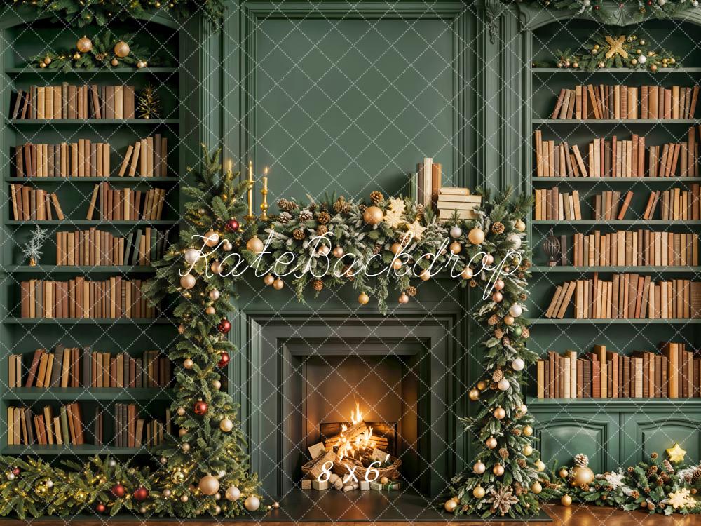 Kate Christmas Fireplace Bookshelves Garland Green Backdrop Designed by Emetselch - Image 3