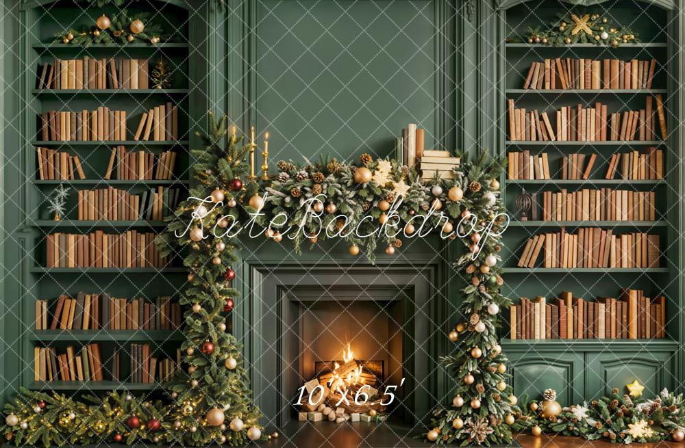 Kate Christmas Fireplace Bookshelves Garland Green Backdrop Designed by Emetselch - Image 4