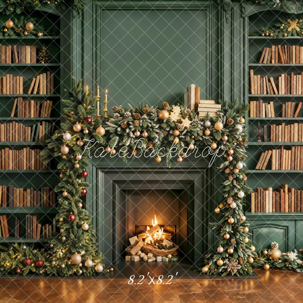 Kate Christmas Fireplace Bookshelves Garland Green Backdrop Designed by Emetselch - Image 5