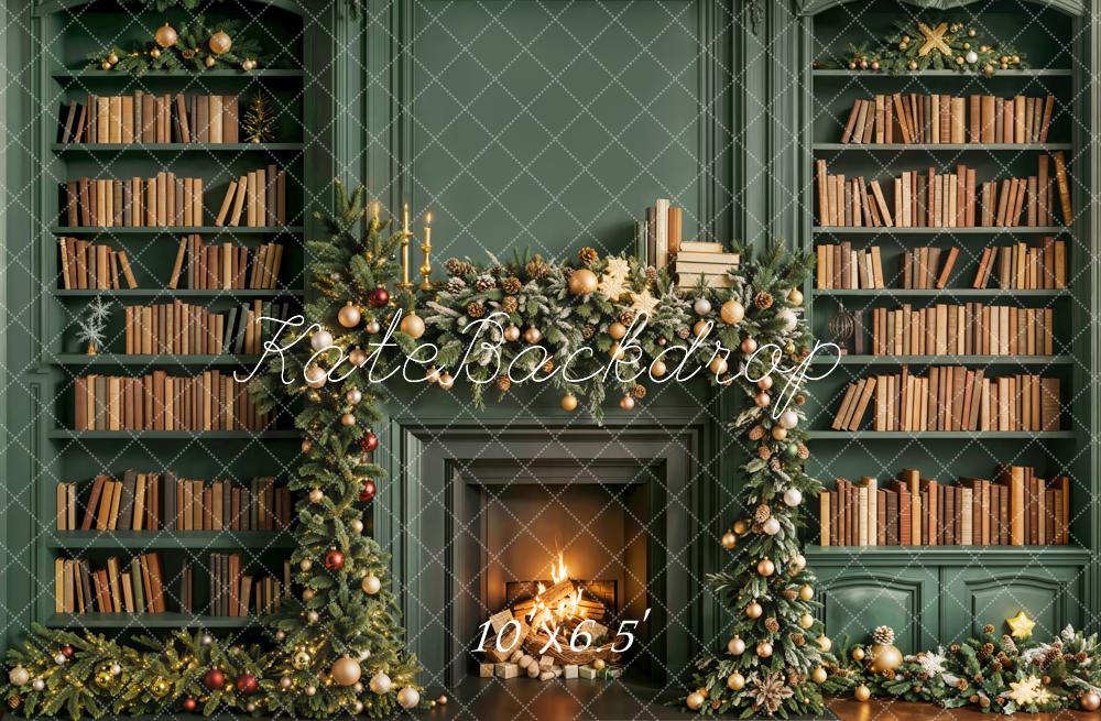 Kate Christmas Fireplace Bookshelves Green Fleece Backdrop Designed by Emetselch - Image 2